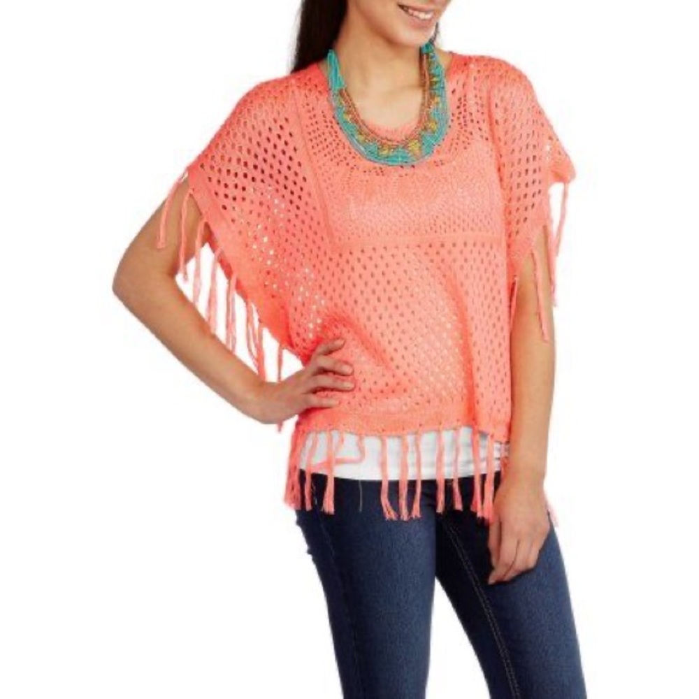 NWOT Coral Orange Pullover Crochet Poncho with Fringe - Picture 2 of 6